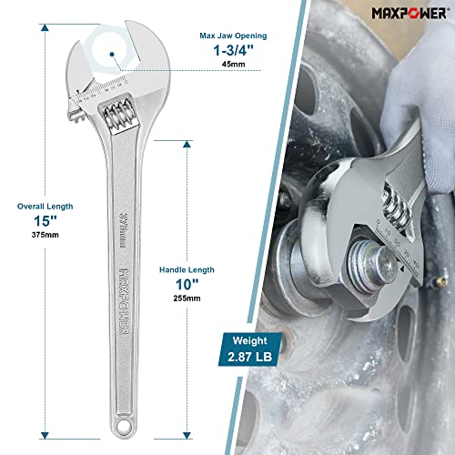 MAXPOWER 15" Adjustable Wrench, 1-3/4" Jaw Opening, Tapered Handle - size: 15"