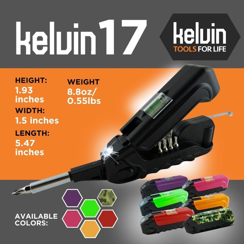 Kelvin Tools - Kelvin 17 Urban Screwdriver Set, All in One Everyday Multitool Screwdriver, Multi-Tip, Compact & Universal Precision, 13 Bit Set with Tape Measure, Liquid Level, Hammer and Flashlight - color: Pink