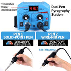 YIHUA 939D-II Pyrography Pen Wood Burning Kit Station 2-in-1 Solid-Point 200~480°C (with Temp Display)/Wire-Nib 250~750°C with 20 Nibs, Solid Points, 1 Stable Pen Holder, 2 Scrap Wood (Blue) - color: Blue