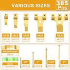 KURUI Picture Hangers, 385Pcs Picture Hanging Kit with Heavy Duty Picture Hanging Hooks, Sawtooth, Hardware Nails and Picture Hanging Tool, Wall Hangers for Frame, Painting, Art, Photo (Gold) - color: Gold