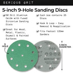 Serious Grit - 5-Inch 9-Hole P60 Grit Sanding Discs - 25 Pack Box - size: 60 Grit