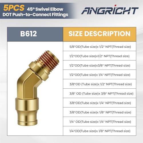 5/8" Tube OD x 1/2" NPT 45° Swivel Elbow Push-to-Connect Fittings, 5PCS Brass C36000 Male Elbow Connectors for Nylon Tubing in Pneumatic Systems - size: 5/8"OD x 1/2" NPT