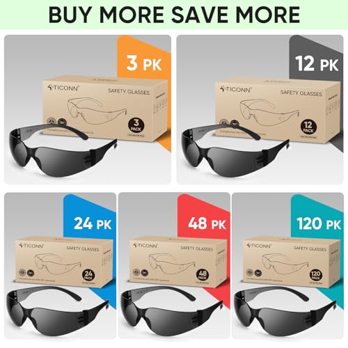 TICONN Clear Safety Glasses for Men & Women, ANSI Z87.1 Safety Goggles - style: 48 Pairs Charcoal