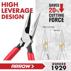 ARROW 6" High Leverage Needle Nose Pliers, Long Nose Pliers - size: 6 INCH