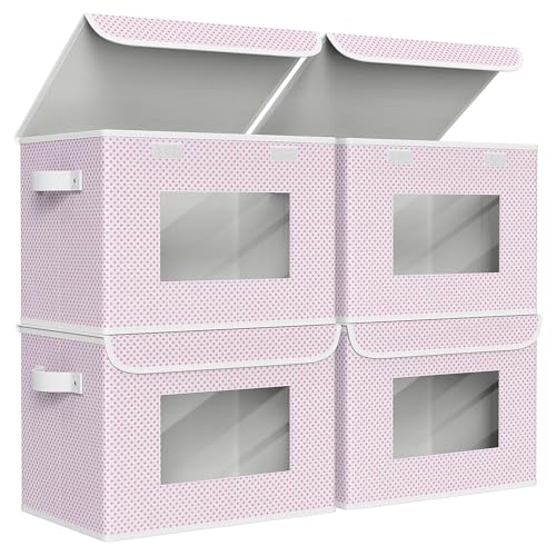 Univivi Fabric Foldable Storage Boxes with Lids, 4 Pack, Pink - color: Pink Polka Dot