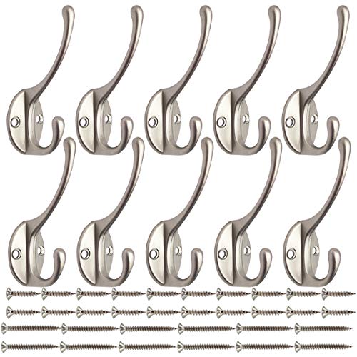 IBosins 10 Pack Silvery Double Coat Hooks Utility Hooks for Coat, Bag, Hat - color: Silvery