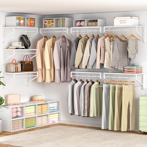 ThreeHio Expandable Closet Shelves Wall Mounted, 3 Pack Closet Shelving with Hanging Rods, Wall Shelving for Walk-in Closet, Hanging Shelves Organizer and Storage for Closet, Laundry - size: 3 Pack