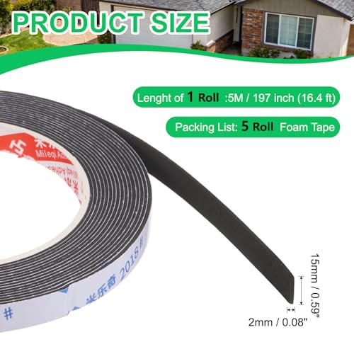 PATIKIL 5Roll Sponge Rubber Foam Tape, 5/8" W x 5/64" t x 16.4ft l Self-Adhesive Foam Insulation Tape Weather Stripping for Window Door Soundproofing Weatherstrip AC Seal Strip, Black - size: 5/8" x 5/64" x 16.4ft