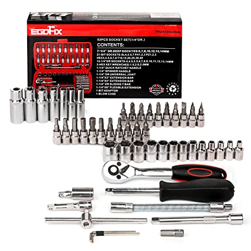 Egofine 53 Pieces 1/4 inch Drive Socket Ratchet Wrench Set with 72 Tooth Reversible Ratchet, with Bit Socket Set and Extension Bar for Auto Repairing and Household, with Storage Case