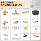 CheeMuii 100PCS Brass DOT Air Line Fittings with 3 Roll 50FT DOT Air Lines - size: 50FT-3ROLL-100PCS