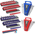 8-Piece Magnetic Socket and Wrench Organizer Set, Metric & SAE, 1/4", 3/8", 1/2"Drive Detachable Socket Storage Tray, 24-Slot Wrench Holder with Non-Slip Handle & Lock Cover for Toolbox Drawer Storage - style: 8-Piece Secure Locking Comb