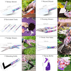 Garden Tools Set, JUMPHIGH 10 Pieces Gardening Tools with Floral Print, Ergonomic Handle Trowel Rake Weeder Pruner Shears Sprayer, Garden Hand Tools with Carrying Case Gardening Gifts for Women Father - color: Purple
