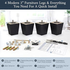 Airy Abode Premium Black Square Furniture Legs (Full Install Kit) - Pick Your Size and Color - color: Black, size: 3 Inches