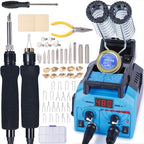 YIHUA 939D-II Pyrography Pen Wood Burning Kit Station 2-in-1 Solid-Point 200~480°C (with Temp Display)/Wire-Nib 250~750°C with 20 Nibs, Solid Points, 1 Stable Pen Holder, 2 Scrap Wood (Blue) - color: Blue