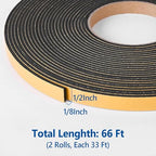 Self Adhesive Foam Tape Weatherstrip 1/2in x 1/8in x 66Ft High Density Foam Insulation Strips Seal Weather Stripping with Strong Adhesive for Door and Window Sound Isolation Soundproofing - size: 1/2in x 1/8in x 66Ft