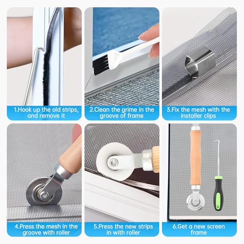 Window Screen Door Repair Kit,Include 59"×106" Black Screen Mesh+ 2 Steel/Nylon Roller+32Ft Spline+8 Clips+Hook+Non-Slip Gloves,7 in 1 Window Mesh Kit for Windows Doors Patio and Porch Replacement - size: 59"×106" Mesh+Tool