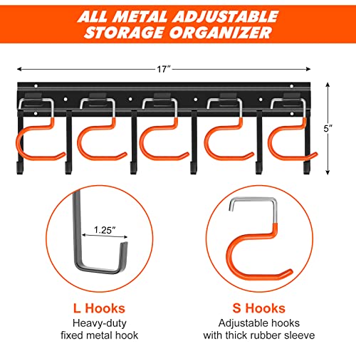TVKB 17'' All Metal Garden Tool Organizer Adjustable Garage Tool Organizer Wall Mount Garage Organizers and Storage with Heavy Duty Hooks Tool Hangers for Garage Wall, Shed, Garden - size: 17inch