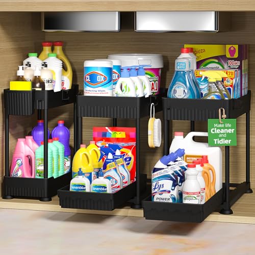 Sevenblue 3-Pack 2-Tier Under Sink Organizers with Sliding Drawers - color: Black, size: 14.8 Inch