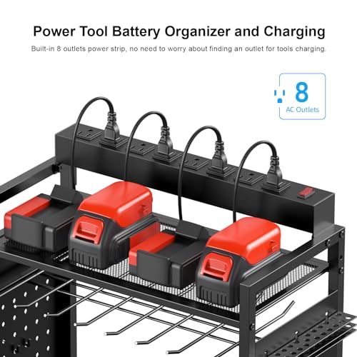 CCCEI Garage Power Tools Organizer Cart with Charging Station, Black Floor Standing Rolling Drill and Tools Battery Storage Cart on Wheels. Black Utility Rack Gift for Men, Husband, Father. - size: Large