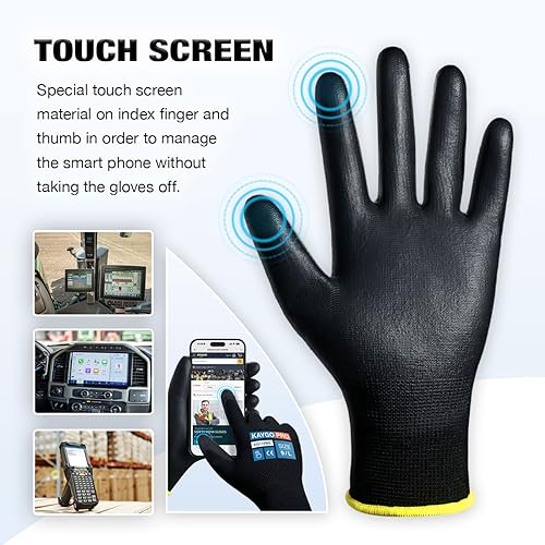 KAYGO Safety Work Gloves, PU Coated, 2-Finger Touchscreen, KG11P - color: Black (Touch Screen), size: Medium