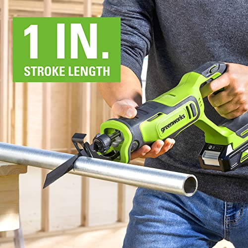 Greenworks 24V Brushless 1" Compact Reciprocating Saw (3,000 SPM), 2.0Ah Battery and Compact Charger Included - size: Brushless 1" Compact Recip Saw, style: 2.0Ah