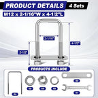 4 Sets M12 Square U Bolts 2 Inch Wide, 1/2" x 2-1/16" W x 4-1/2"L - size: M12 x 2-1/16"W x 4-1/2"L