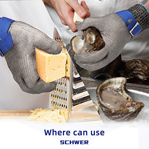 Schwer SlicePro ANSI A9 Cut Resistant Glove PR1706, Stainless Steel Mesh Metal Glove, Food Grade for Kitchen Cooking, Butcher Meat Cutting, Oyster Shucking, Mandoline, Fishing (L, 50 Pairs) - size: Large (Pack of 100), style: 1.0 Steel Wire
