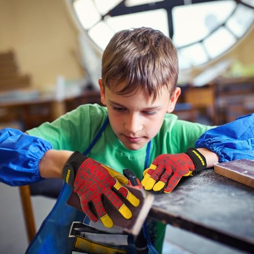 Kids Genuine Leather Work Gloves Age 2-12, Touchscreen, Reflective - color: Red, size: Large (10-12 Years Old)