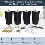Airy Abode Premium Black Square Furniture Legs (Full Install Kit) - Pick Your Size and Color - color: Black, size: 6 Inches