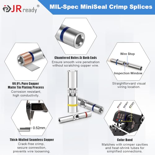 JRready IP68 Environmental Butt Splice Kit 100Sets 20-16AWG AS81824 Aviation Splice Connectors with PVDF and PE Heat Shrink Tubes ACT-232 Butt Splice Crimper G4111 Go No Go Gauge for Automotive Marine - color: 16#Blue-100Sets