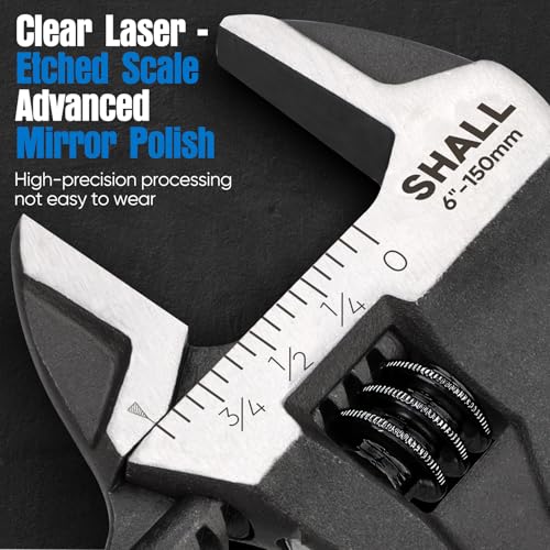 SHALL 6 Inch Adjustable Wrench, Cr-V Steel Spanner with Cushion Grip, Wide Jaw Black Oxide Wrench with Laser-etched SAE Scales for Home, Garage, Workshop and DIY - size: 6 Inch