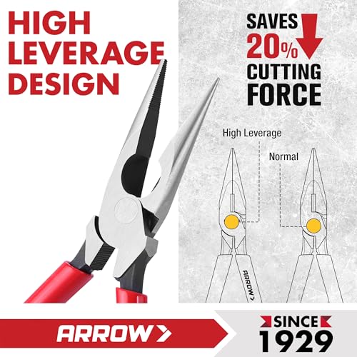 ARROW 8" High Leverage Needle Nose Pliers, Long Nose Pliers - size: 8 INCH
