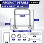 4 Sets M12 Square U Bolts 3 Inch Wide, 1/2" x 3-1/16" W x 4-1/2"L - size: M12 x 3-1/16"W x 4-1/2"L