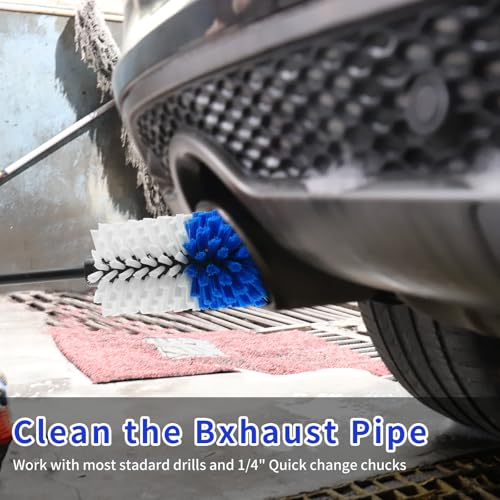 Wheel Brush, Soft Drill Wheel Cleaner Brush, Drill Brush for Car Wheel, No Scratches Highly Dense and Durable Car Wheel Brush Rim Tire Car Cleaning Brush for Wheels, Rims, Engines, Exhaust - color: Blue+white