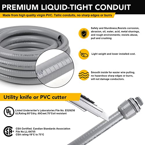 1 inch 50ft Liquid-Tight Conduit and Connector Kit,Flexible Non Metallic Liquid Tight Electrical Conduit Kit with 5 Straight and 3 90-Degree Connector Fittings,1in. Dia - size: 1inch 50ft