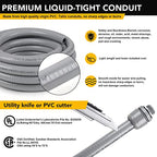 1-1/2(1.5) 25ft Liquid-Tight Conduit and Connector Kit,Flexible Non Metallic Liquid Tight Electrical Conduit Kit with 5 Straight and 3 90-Degree Connector Fittings,1-1/2in. Dia - size: 1-1/2 25ft