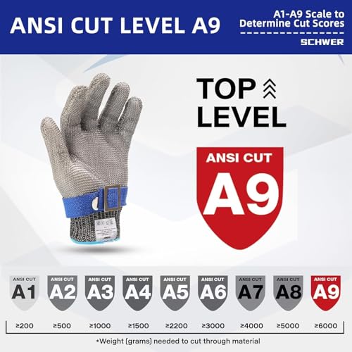 Schwer 10 PCS SlicePro ANSI A9 Cut Resistant Glove PR1706, Stainless Steel Mesh Metal Glove, Food Grade for Kitchen Cooking, Butcher Meat Cutting, Oyster Shucking, Mandoline, L - size: Large (Pack of 10), style: 1.0 Steel Wire