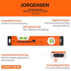 JORGENSEN 12" Magnetic LED Box Level, 90°/180° Torpedo Lighted Leveler Tool - size: 12 inch