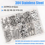 Nuts and Bolts Assortment Kit, 304 Stainless Steel Bolts 8 Sizes #6-32#8-32#10-24 Phillips Pan Head Machine Screws, Assorted Bolts, Nuts and Washers Kit (237PCS) - size: 236PCS