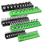 Magnetic Socket Organizer Set, 6-piece 1/4", 3/8", 1/2" SAE & Metric Sockets Holder, Drive Socket Trays, Storage Tool Box, Holding 143 Slots, Soft Rubber Covering Black Green Tools - style: 6PCS Green/Black