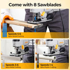 DEKO Electric 800W Jigsaw Tool Power Jig Saws for Woodworking, Wood Cutter Hand Tool with 6 Variable Speed,LED Light