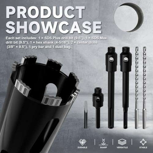 Diamond Core Drill Bit 6"(152mm) with Pilot Bit & Adapters (SDS Plus & Hex) – Upgraded Welded Segments, 8.6" Depth – for Concrete, Solid Brick, Hollow Brick, Masonry & More - size: (6"/152mm)