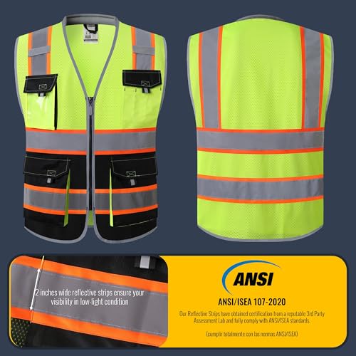 JKSafety Safety Vest for Men Women Hi Vis with Pockets and Cushioned Collar Construction Vest Meet ANSI Standard (BX360) - color: Yellowblack, size: 5X-Large