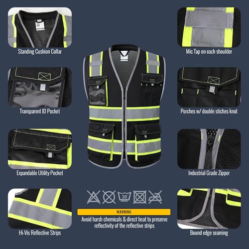 JKSafety Safety Vest for Men Women Hi Vis with Pockets and Cushioned Collar Construction Vest Meet ANSI Standard (BX360) - color: Black, size: X-Large
