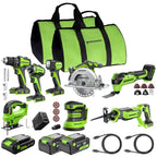 GREENWORKS 24V (8-TOOL) Combo (Drill, Impact Driver, Circular Saw, Reciprocating Saw, Jigsaw, Multi-Tool, Sander, Flashlight), 4.0Ah + (2) 2.0Ah (Power Bank) Batteries, (2) Cables, 65W Rapid Charger - size: 8PCS Combo Kits