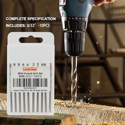 Luckyway 5/32" Cobalt Drill Bit (10 Pcs), Jobber Length Twist Drill Bit Set for Hard Metal, Stainless Steel, Cast Iron, Wood and Plastic, with Storage Case - style: 5/32" (10Pcs) Cobalt Drill Bits