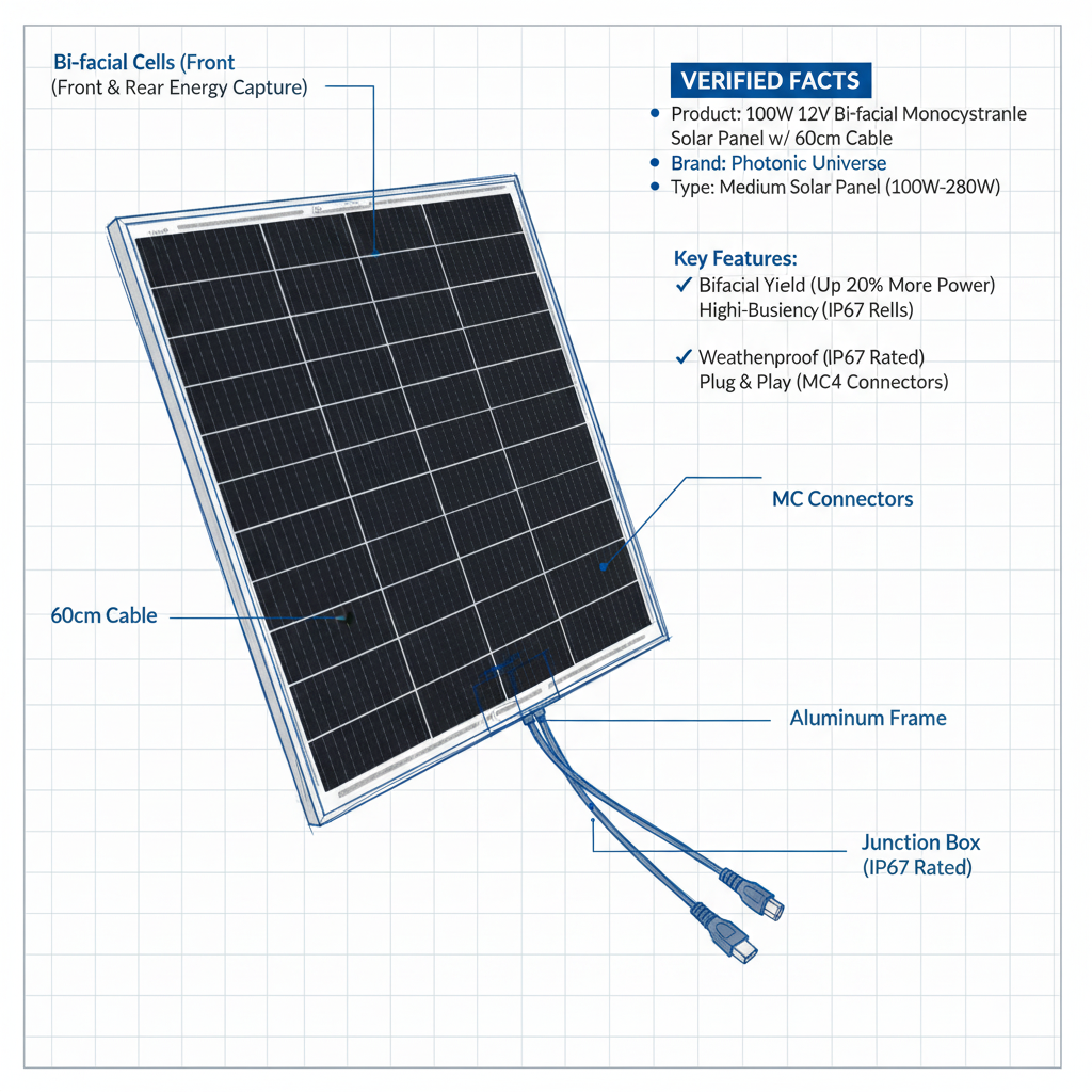 100W 12V bi-facial monocrystalline solar panel with 60cm cable