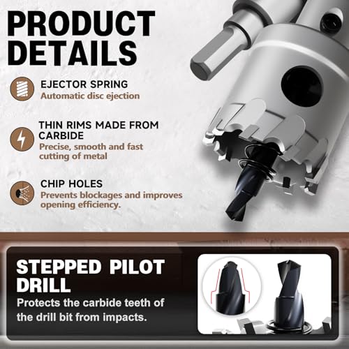 Metal Hole Saw 2-1/2''(64mm) 2Pcs Set Heavy Duty Tungsten Carbide Tipped Hole Cutters Set with a nitrided Step Drill and L-flench, for Steel Iron,Aluminum,Stainless stell,Plastic - size: 1/2''(64mm)-2PCS