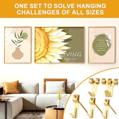 KURUI Picture Hangers, 385Pcs Picture Hanging Kit with Heavy Duty Picture Hanging Hooks, Sawtooth, Hardware Nails and Picture Hanging Tool, Wall Hangers for Frame, Painting, Art, Photo (Gold) - color: Gold