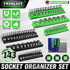 Magnetic Socket Organizer Set, 6-piece 1/4", 3/8", 1/2" SAE & Metric Sockets Holder, Drive Socket Trays, Storage Tool Box, Holding 143 Slots, Soft Rubber Covering Black Green Tools - style: 6PCS Green/Black